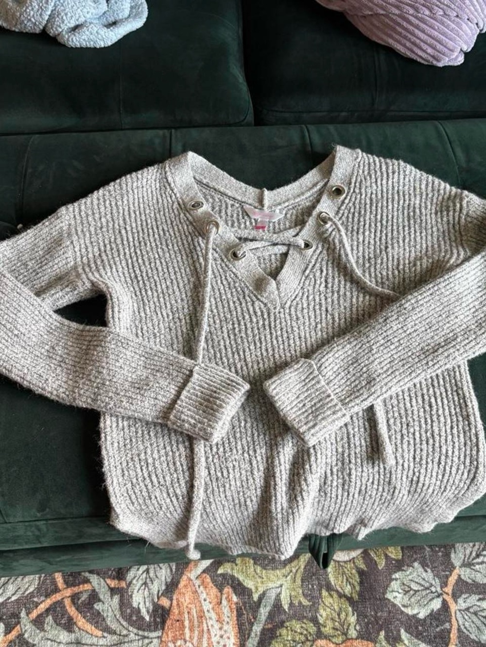 Lace-Up V-Neck Ribbed Women's Sweater - Light Gray